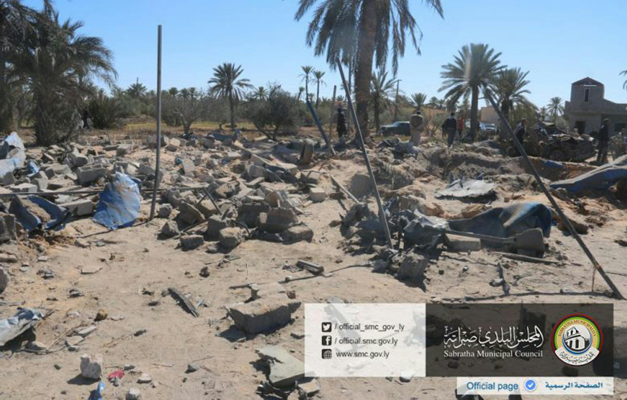 In this picture released online by the Sabratha Municipal Council on Friday, Feb. 19, 2016 shows the site where U.S. American warplanes struck an Islamic State training camp in Sabratha, Libya near the Tunisian border. ATunisian described as a key extremist operative probably was killed, the Pentagon announced. In Libya, local officials estimated that more than 40 people were killed with more wounded, some critically. (Sabratha Municipal Council via AP) MANDATORY CREDIT