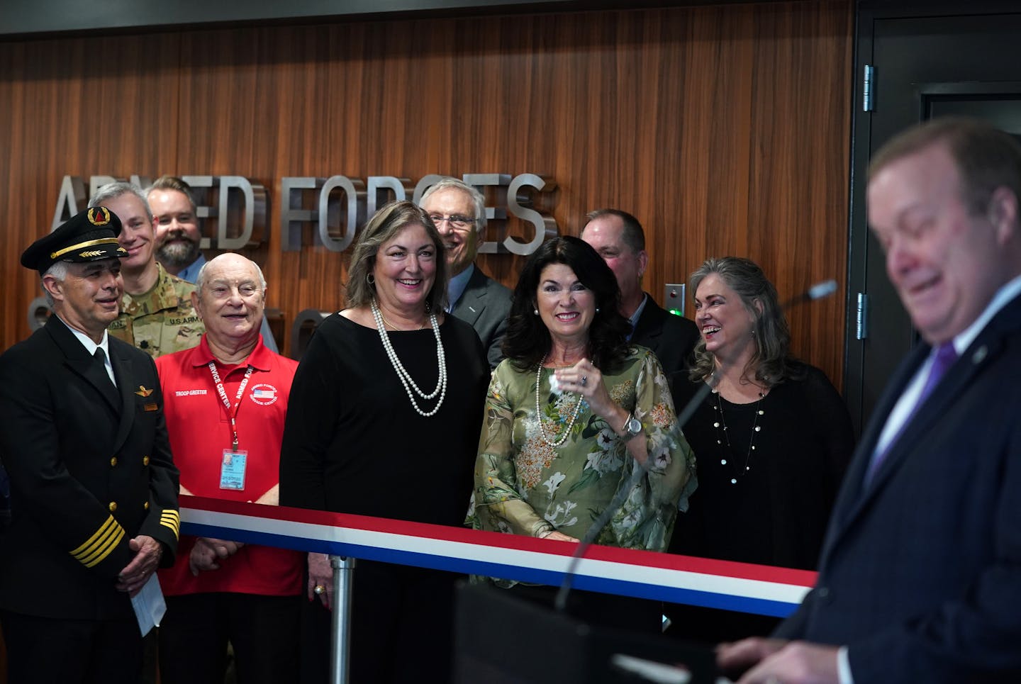 Nancy Hall, Jill Purdum, John Purdum and Peene Purdum, family of Maggie Purdum who founded the AFSC in 1970, laughed as Rick King, chair of the Metropolitan Airports Commission Board spoke during the dedication of the new Armed Forces Service Center Thursday at MSP Airport. ] ANTHONY SOUFFLE &#x2022; anthony.souffle@startribune.com The new Armed Forces Service Center at MSP Airport was dedicated during a ribbon cutting ceremony Thursday, Jan. 9, 2020 in St. Paul, Minn. The Armed Forces Service C