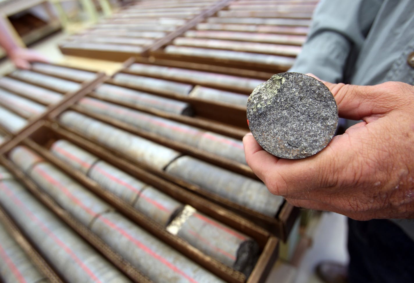 David Oliver, manager of special projects, held a sample that had metal speckles that he had taken from one of many of the boxes of core samples lined tables at Twin Metals in Ely, Minn., Wednesday, September 7, 2011. The company collects 1000 ft. a day of these earth samples to determine the richness of copper, nickel and other precious metals.