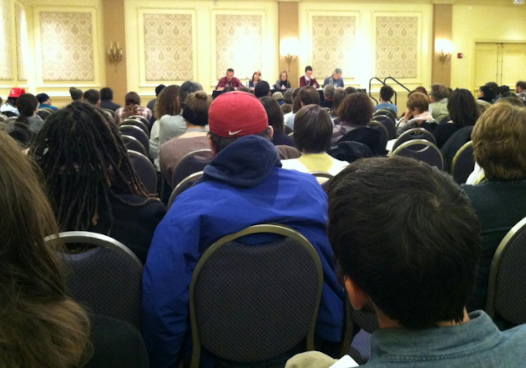 The room was packed for the lyric essay discussion, which became contentious.