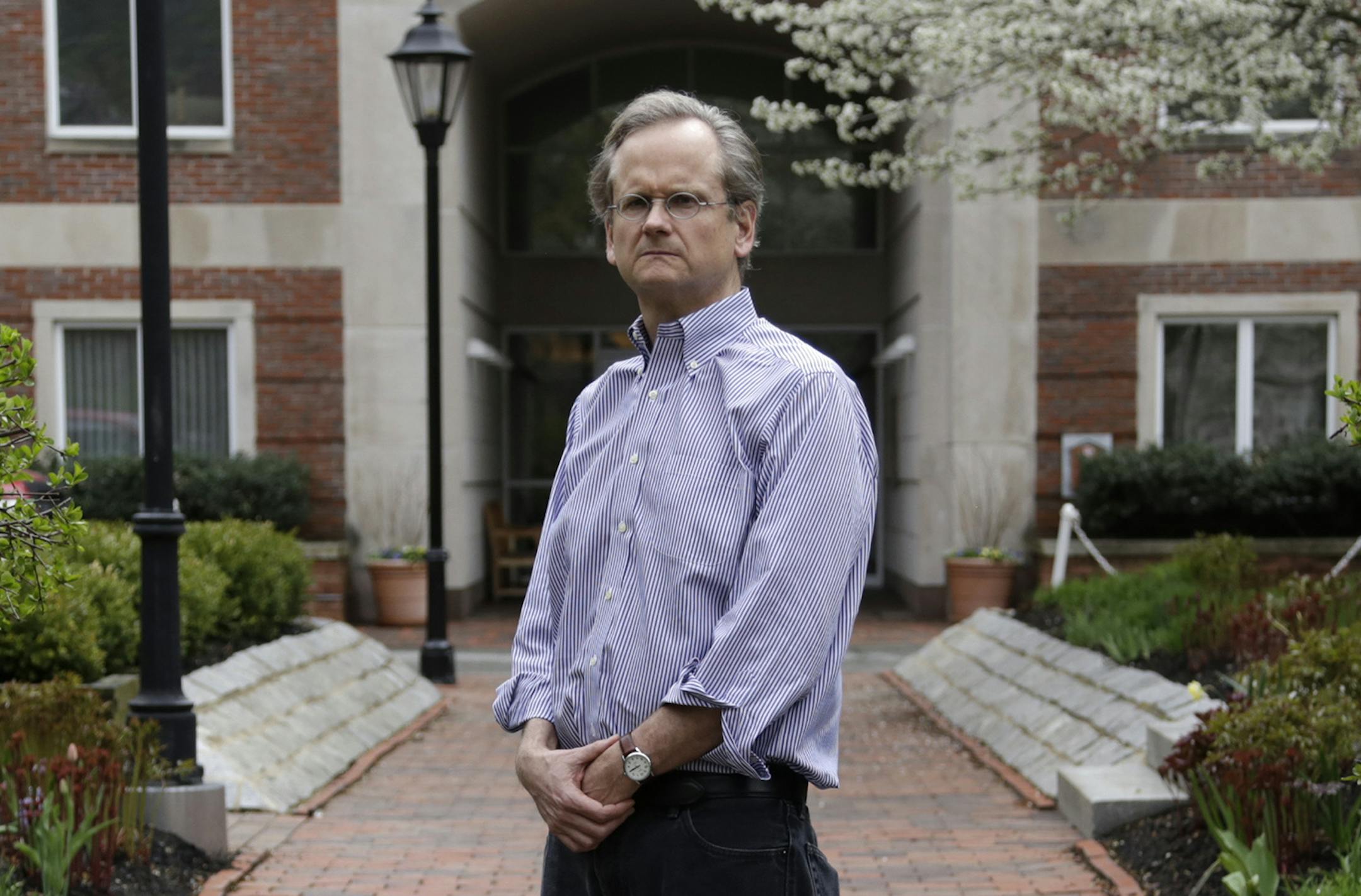 FILE-- Lawrence Lessig, founder of the Mayday super PAC, on the Harvard Law School campus in Cambridge, Mass., May 1, 2014. Lessig, a Harvard professor focused on campaign finance, has raised over $1 million in his campaign for the Democratic nomination but has struggled to get noticed. (Charlie Mahoney/The New York Times) ORG XMIT: MIN2015110411141413