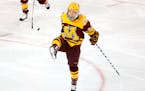 Sophomore forward Sarah Potomak (shown in a March 2016 game vs. Boston College) had a hat trick as the No. 2 Gophers edged Ohio State 3-2 on Friday ni