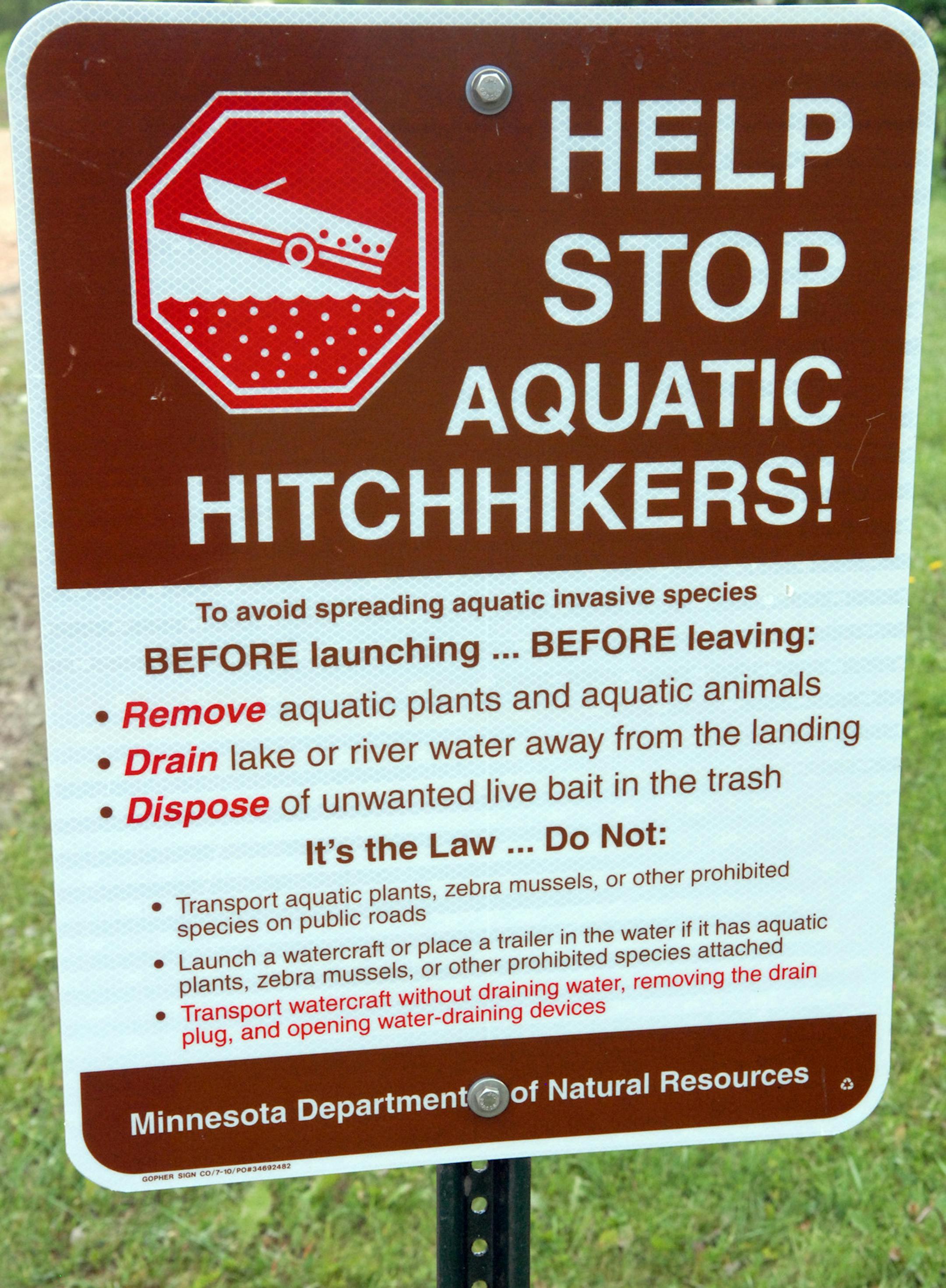 As recently as a few years ago, signs advising boaters about invasive species were sometimes difficult to find at boat landings, now several signs advising watercraft owners about transporting aquatic invasive species often are placed at public launch sites throughout Minnesota.