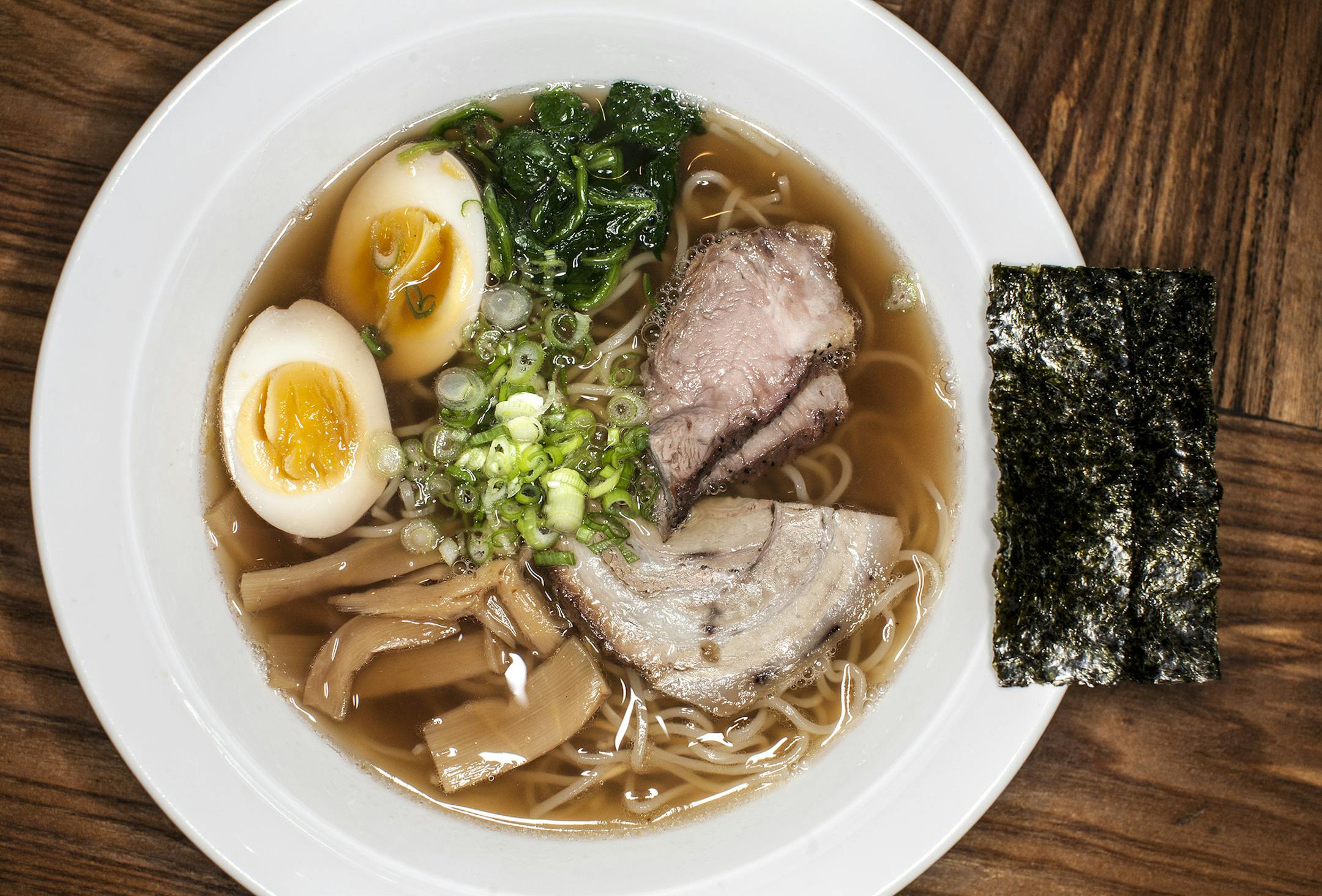 Shoyu Ramen with pork, spinach, bamboo, green onion, egg, and nori at Tanpopo Noodle Shop in St. Paul September 17, 2014. (Courtney Perry/Special to the Star Tribune)