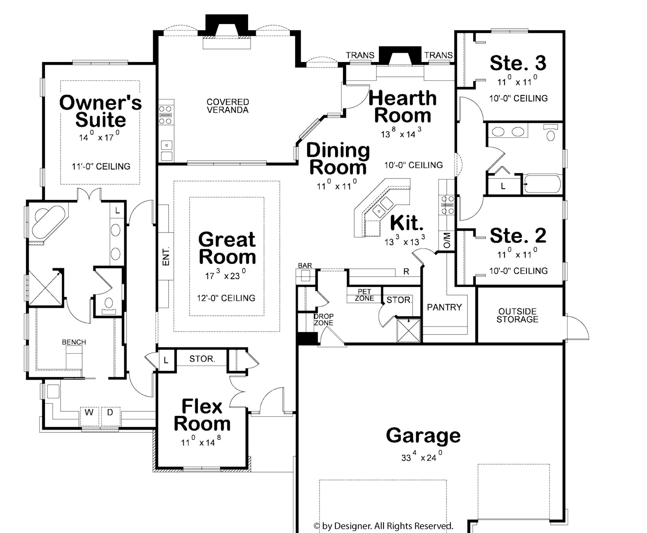 PLAN043017: Pet-friendly ranch features many customizations.