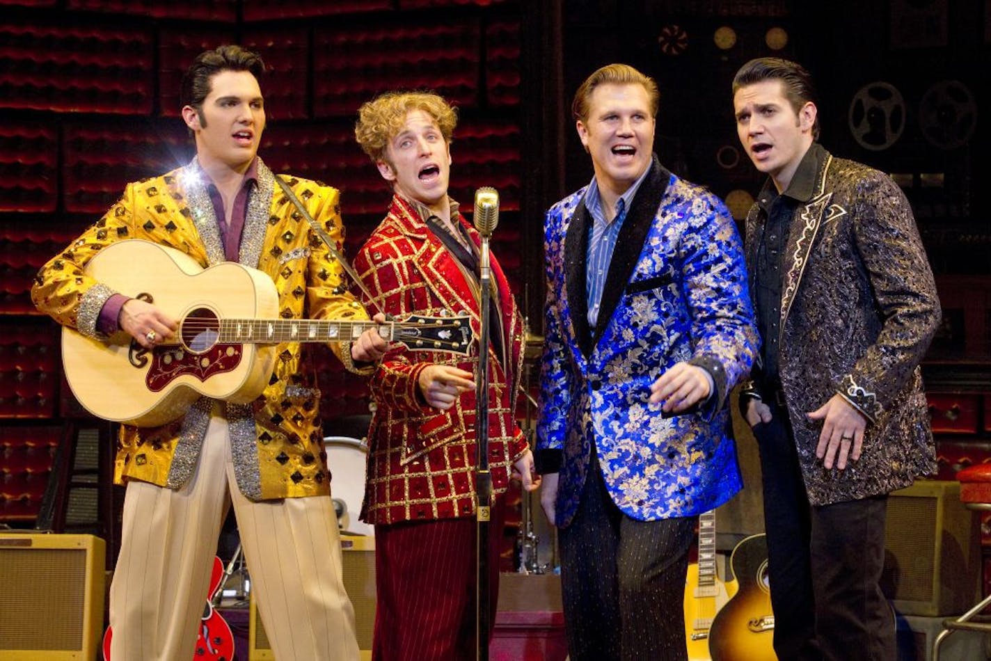 Cody Slaughter as Elvis Presley, Martin Kaye as Jerry Lee Lewis, Lee Ferris as Carl Perkins and Derek Keeling as Johnny Cash in the the Million Dollar Quartet Tour.