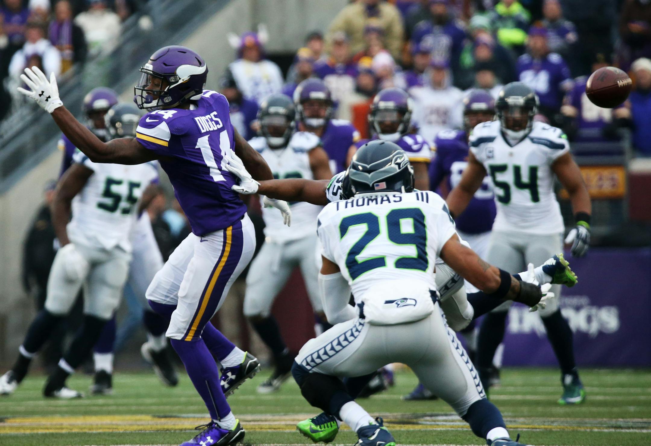 Seahawks safety Earl Thomas intercepted a pass intended for Vikings wide receiver Stefan Diggs in the second quarter. ] Mark Vancleave - mark.vancleave@startribune.com * The Seattle Seahawks played the Minnesota Vikings on Sunday, Dec. 6, 2015 at TCF Bank Stadium in Minneapolis.