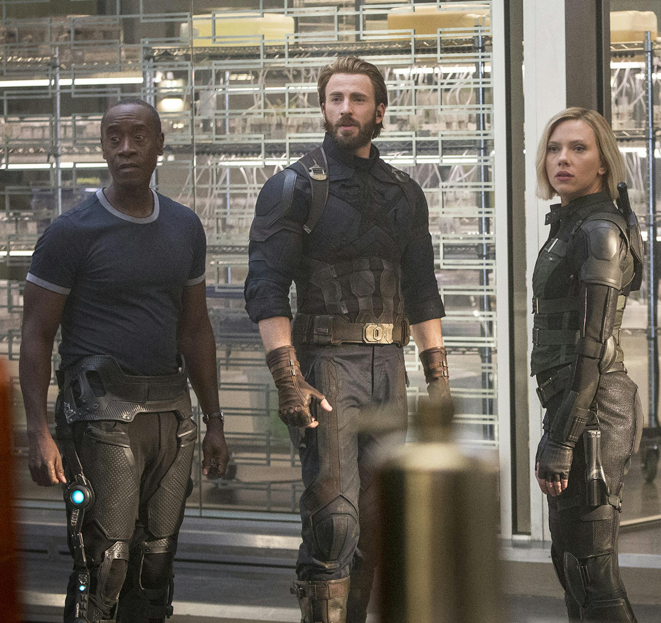 Marvel Studios' AVENGERS: INFINITY WAR..L to R: War Machine/James Rhodes (Don Cheadle), Captain America/Steve Rogers (Chris Evans) and Black Widow (Scarlett Johansson)..Photo: Chuck Zlotnick..©Marvel Studios 2018