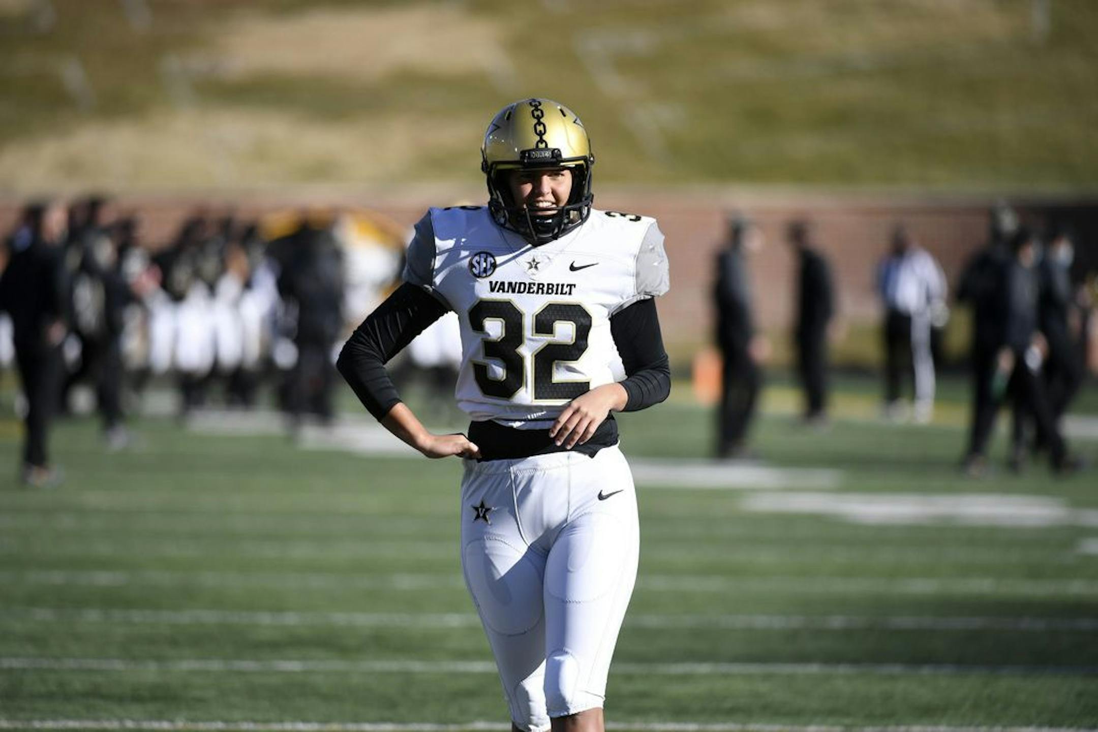 Vanderbilt place kicker Sarah Fuller warms up before the start of an NCAA college football game against Missouri Saturday, Nov. 28, 2020, in Columbia, Mo.