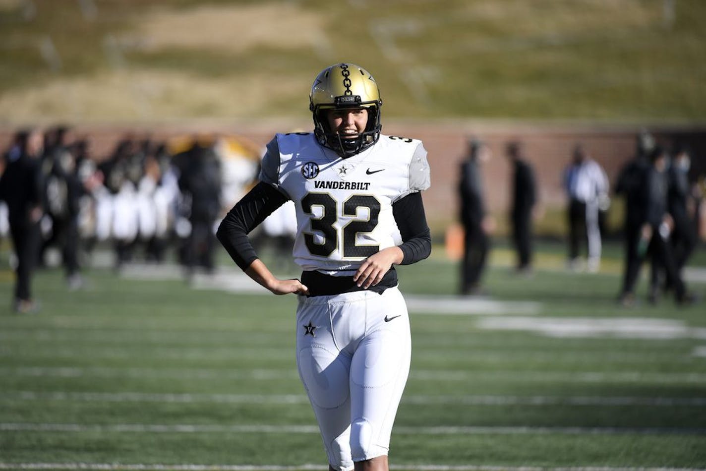 Vanderbilt place kicker Sarah Fuller warms up before the start of an NCAA college football game against Missouri Saturday, Nov. 28, 2020, in Columbia, Mo.