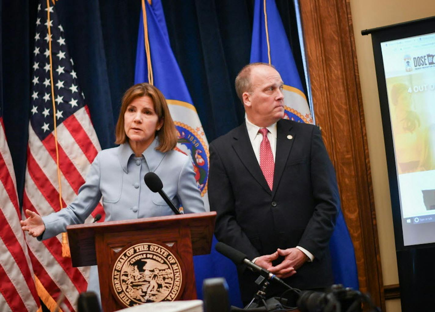 Minnesota Attorney General Lori Swanson and Wisconsin Attorney General Brad Schimel teamed up to announce &#x201c;Dose of Reality&#x201d; campaign awareness about opioid addiction. ] GLEN STUBBE &#x2022; glen.stubbe@startribune.com Monday February 13, 2017 Minnesota Attorney General Lori Swanson and Wisconsin Attorney General Brad Schimel teamed up to announce &#x201c;Dose of Reality&#x201d; campaign awareness about opioid addiction.