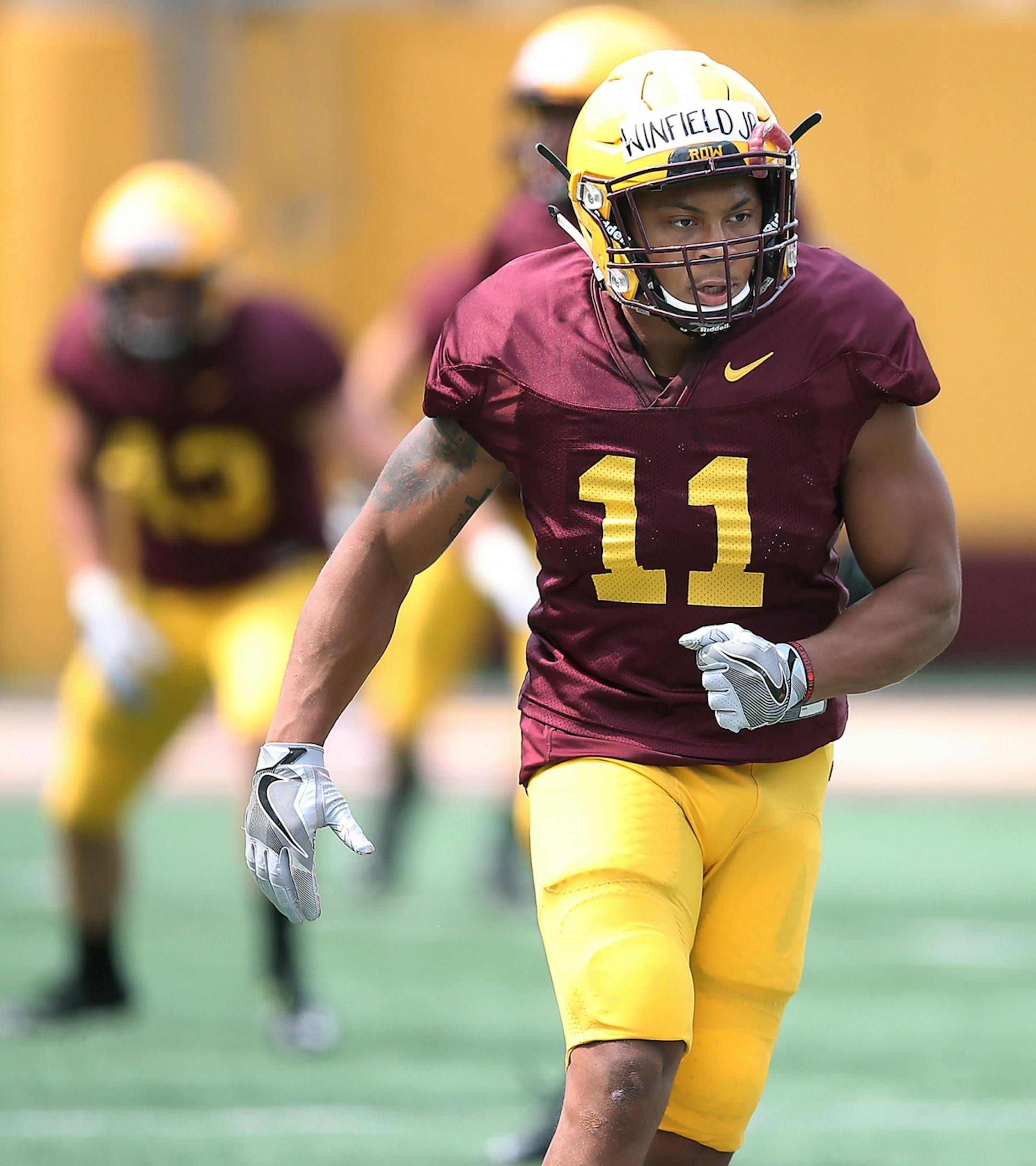 Gophers defensive back Antoine Winfield took to the field for drills during the Gophers football practice at Gibson-Nagurski Football Complex, Saturday, August 5, 2017 in Minneapolis, MN.