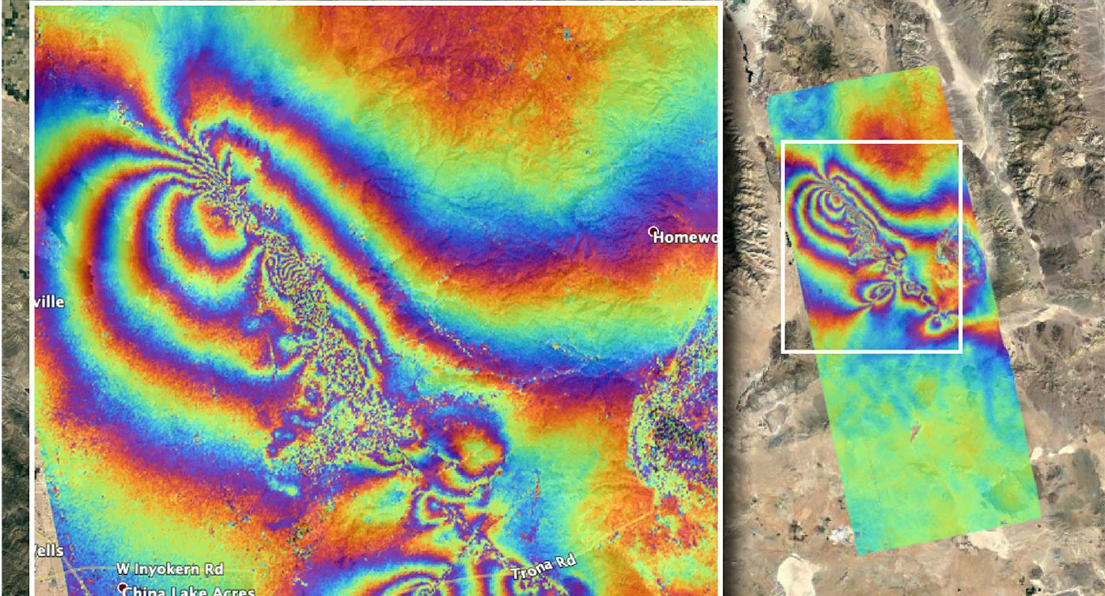 NASA's Advanced Rapid Imaging and Analysis team created this co-seismic map. (NASA/JPL-Caltech/TNS)