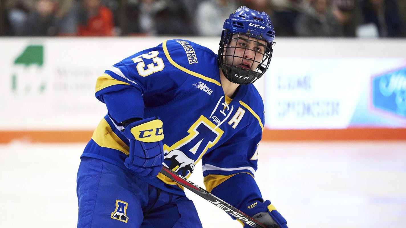 Alaska forward Ryker Leer (23) during an Alaska at Bowling Green NCAA hockey game on Friday, Feb.15, 2019 in Bowling Green, Ohio. (AP Photo/Rick Osentoski) ORG XMIT: NYOTK