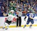 The Dallas Stars' Mats Zuccarello (36) celebrates his first-period goal against the St. Louis Blues' David Perron (57) during Game 7 of the Western Co