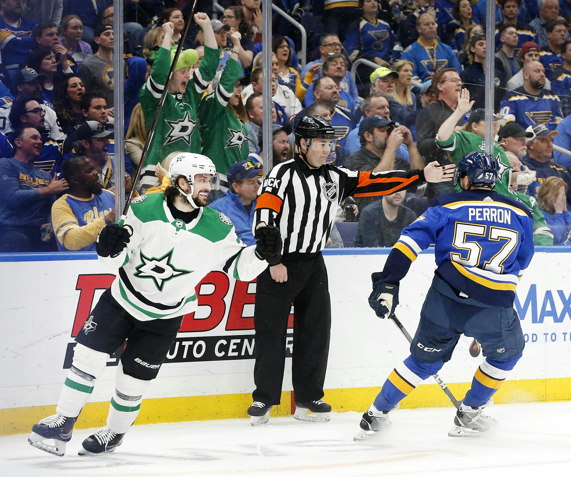 The Dallas Stars' Mats Zuccarello (36) celebrates his first-period goal against the St. Louis Blues' David Perron (57) during Game 7 of the Western Conference semifinals at the Enterprise Center in St. Louis on Tuesday, May 7, 2019. (Tom Fox/Dallas Morning News/TNS) ORG XMIT: 1313481