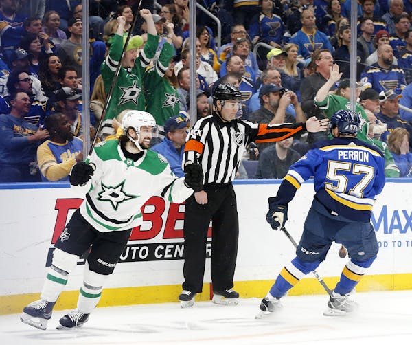 The Dallas Stars' Mats Zuccarello (36) celebrates his first-period goal against the St. Louis Blues' David Perron (57) during Game 7 of the Western Co