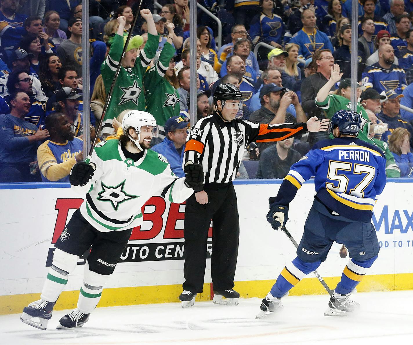 The Dallas Stars' Mats Zuccarello (36) celebrates his first-period goal against the St. Louis Blues' David Perron (57) during Game 7 of the Western Conference semifinals at the Enterprise Center in St. Louis on Tuesday, May 7, 2019. (Tom Fox/Dallas Morning News/TNS) ORG XMIT: 1313481