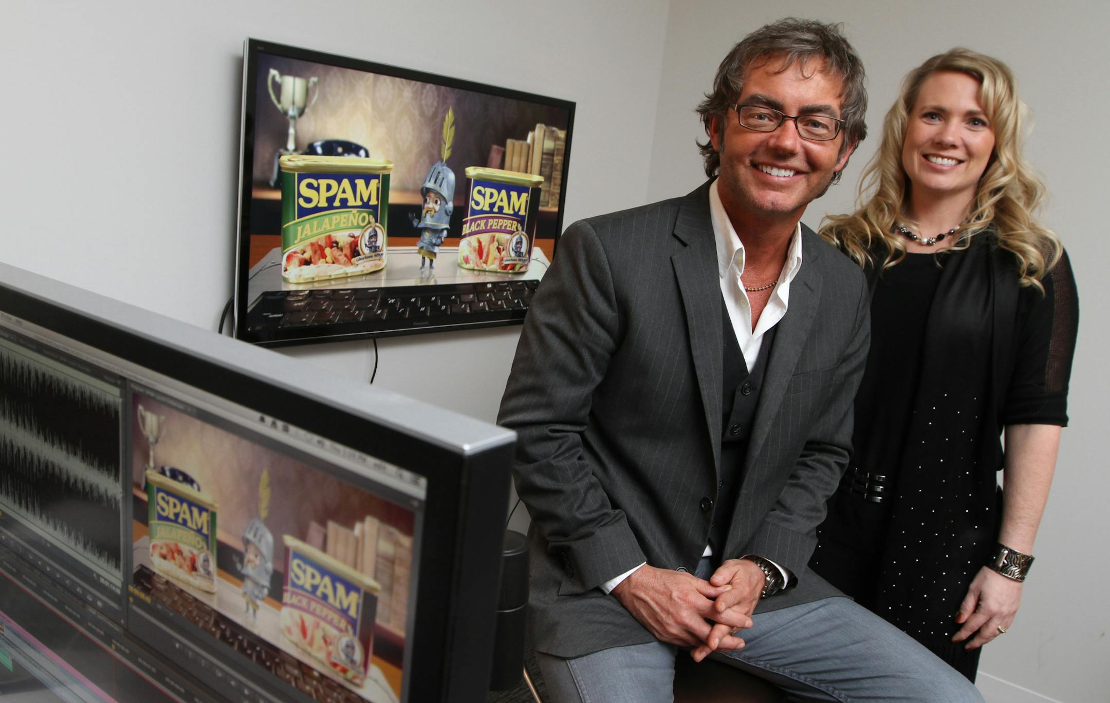 (left to right) Brian Kroening, executive Creative Director, BBDO Proximity and Nicole Behne, Hormel Senior Product Manager, were photographed in the editing room where the Hormel's Spam mascot and spokesman, Sir-Can-a-lot spots are produced.] Bruce Bisping/Star Tribune bbisping@startribune.com Brian Kroening, Nicole Behne/source.