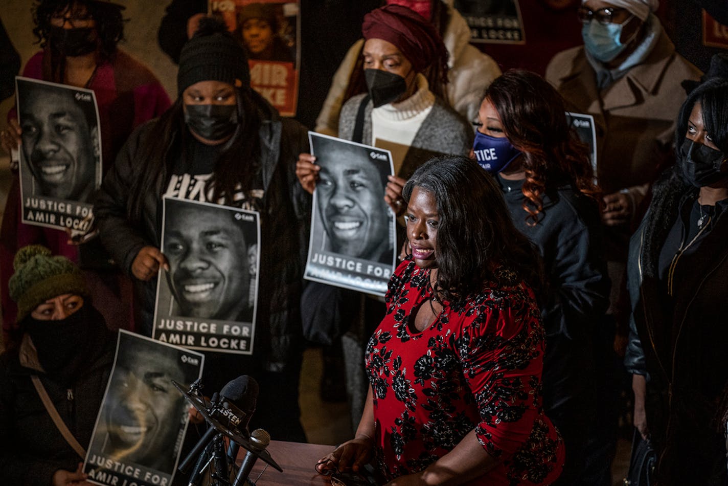 Nekima Levy Armstrong gathered with Black women demanding justice for Amir Locke at the rotunda at City Hall in Minneapolis, Minn., on Monday, Feb. 7, 2022.