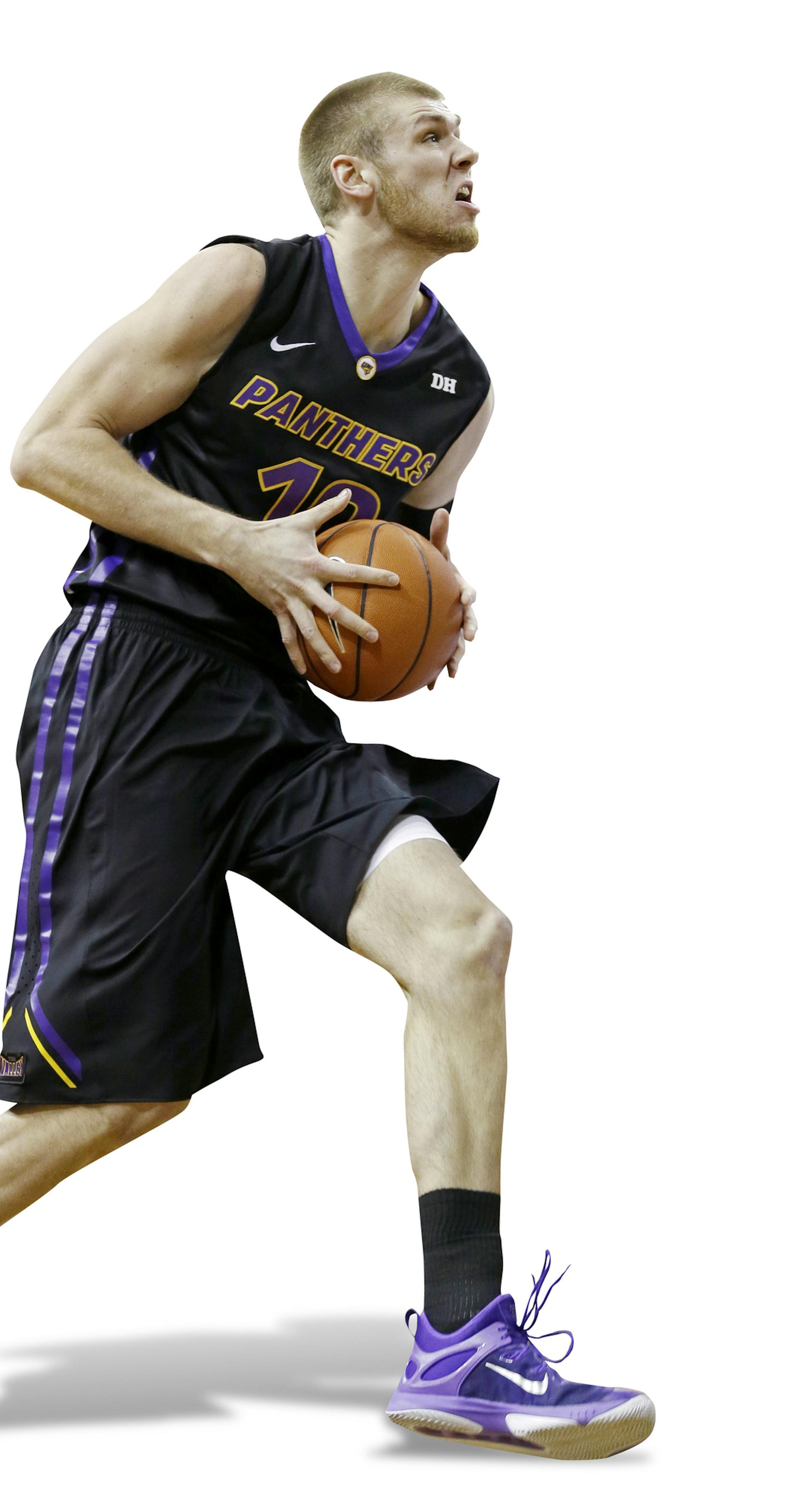 Northern Iowa forward Seth Tuttle drives to the basket past Drake guard Chris Caird, right, during the first half of an NCAA college basketball game, Saturday, Feb. 7, 2015, in Cedar Falls, Iowa. (AP Photo/Charlie Neibergall) ORG XMIT: IACN122