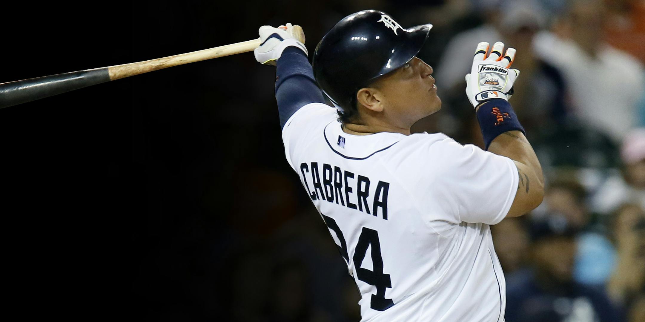 Detroit Tigers' Miguel Cabrera hits a fly ball for an out against the Cleveland Indians during the ninth inning of a baseball game Friday, Sept. 4, 2015, in Detroit. The Indians won 8-1. (AP Photo/Duane Burleson) ORG XMIT: MIDB111
