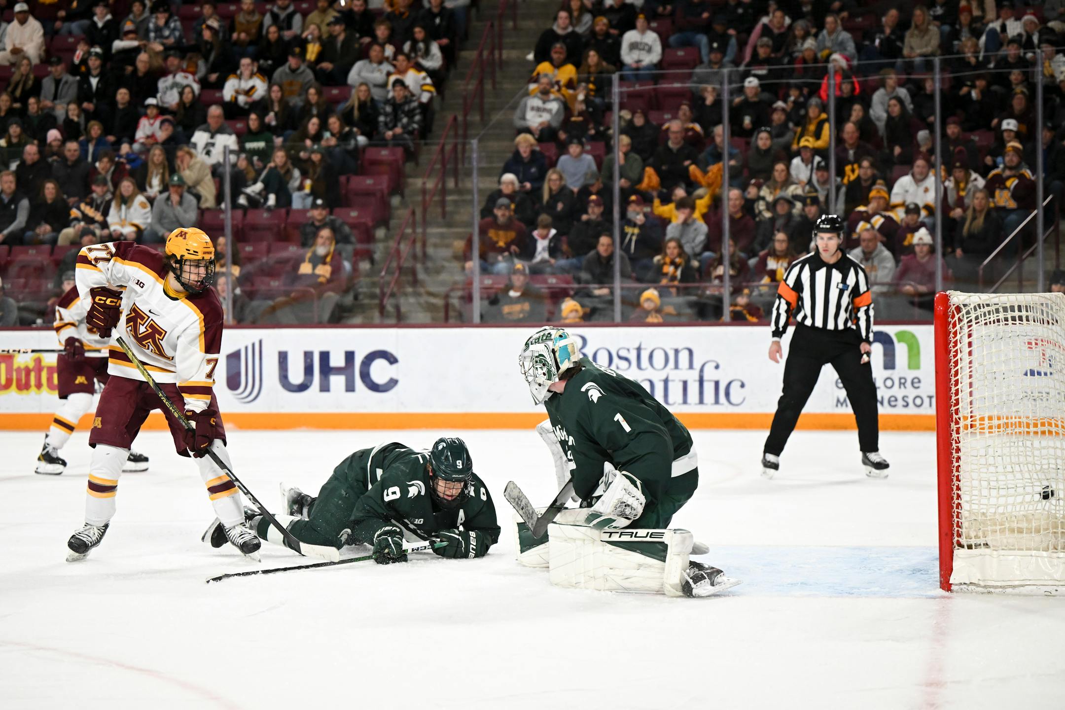 Minnesota right wing Bryce Brodzinski (22), not pictured, scores a third period goal against the Michigan State Spartans Friday, Nov. 24, 2023 at the 3M Arena at Mariucci in Minneapolis, Minn.. ] AARON LAVINSKY • aaron.lavinsky@startribune.com