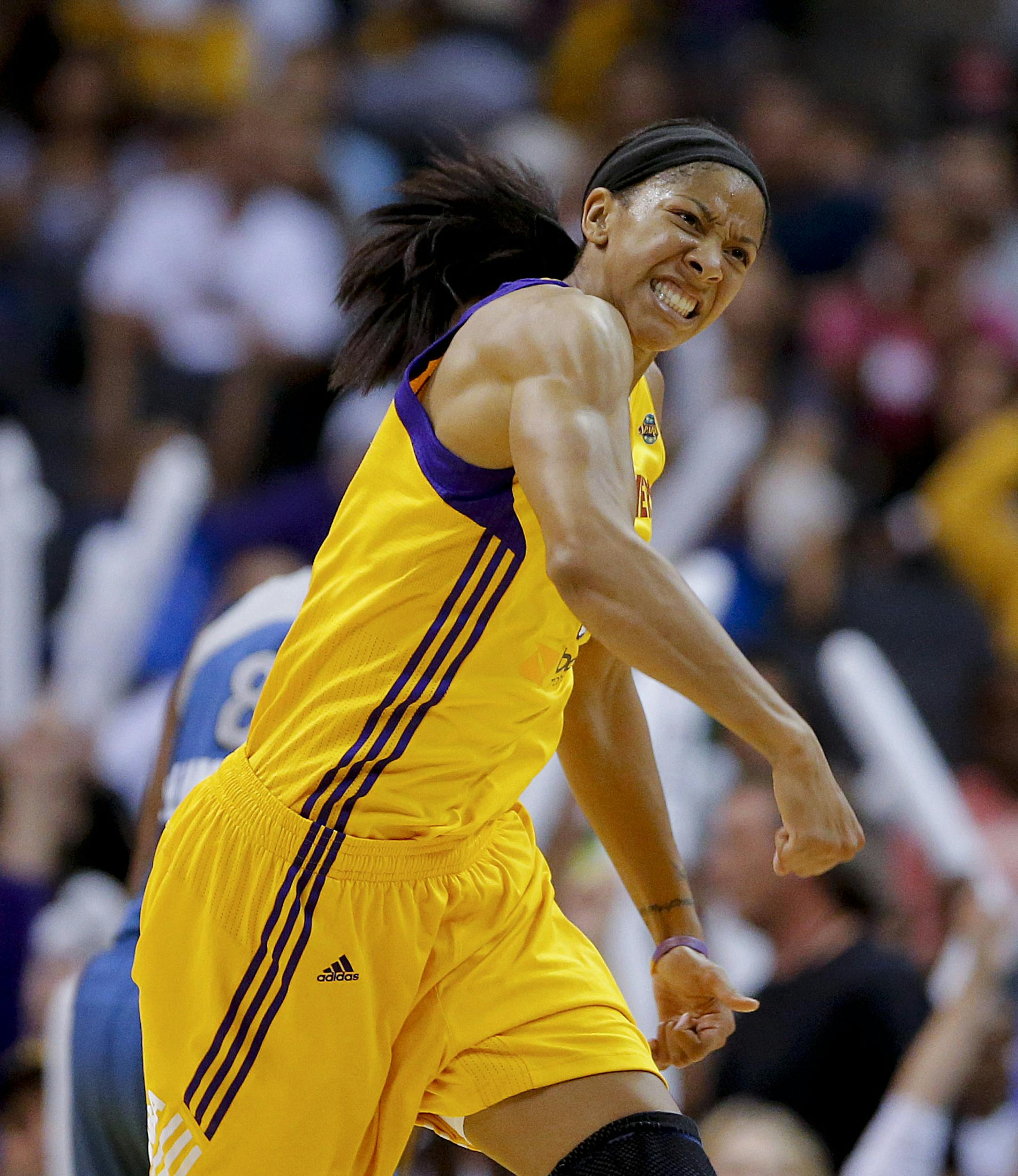 Los Angeles Sparks' Candace Parker reacts after making a basket in Game 2 of the WNBA basketball Western Conference Finals against the Minnesota Lynx in Los Angeles, Sunday, Oct. 7, 2012. (AP Photo/Jae C. Hong) ORG XMIT: LAS101