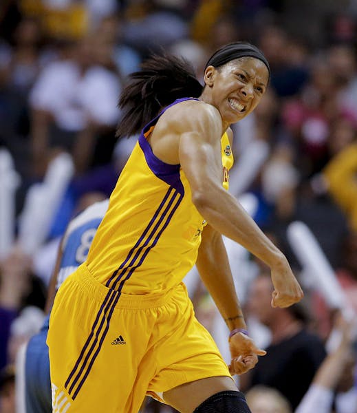 Los Angeles Sparks' Candace Parker reacts after making a basket in Game 2 of the WNBA basketball Western Conference Finals against the Minnesota Lynx 