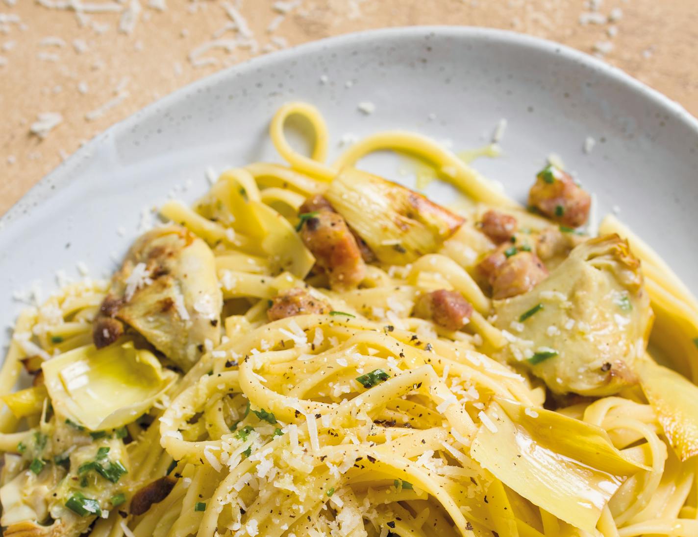 Linguine with Artichokes, Lemon and Pancetta from "Milk Street Vegetables," by Christopher Kimball. Photo: Connie Miller