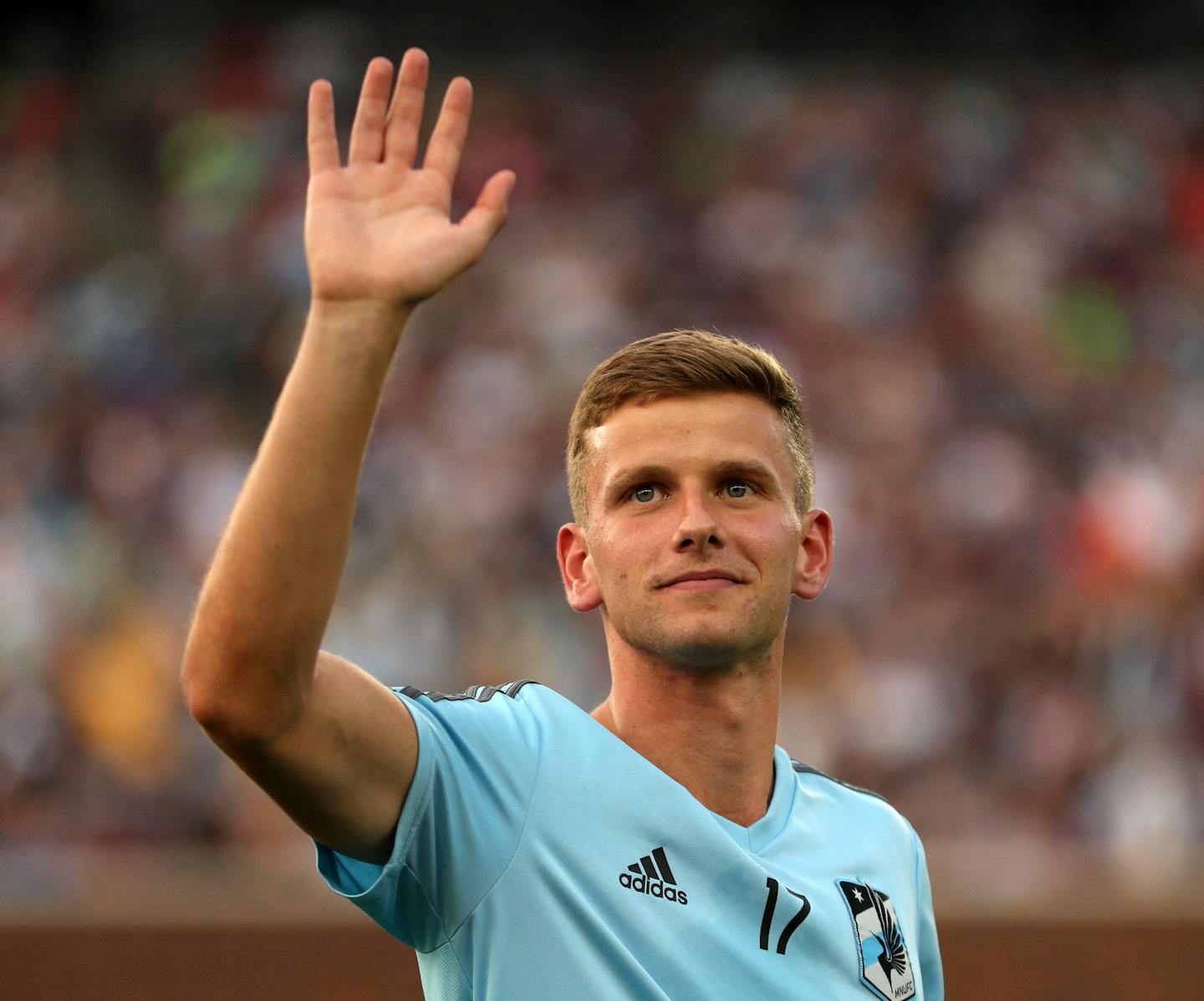 Minnesota United midfielder Collin Martin (17), who came out publicly as gay earlier in the day, waved to fans after taking part in a half time presentation. ] ANTHONY SOUFFLE &#xef; anthony.souffle@startribune.com Minnesota United played FC Dallas in an MLS match Friday, June 29, 2018 at TCF Bank Stadium in Minneapolis.