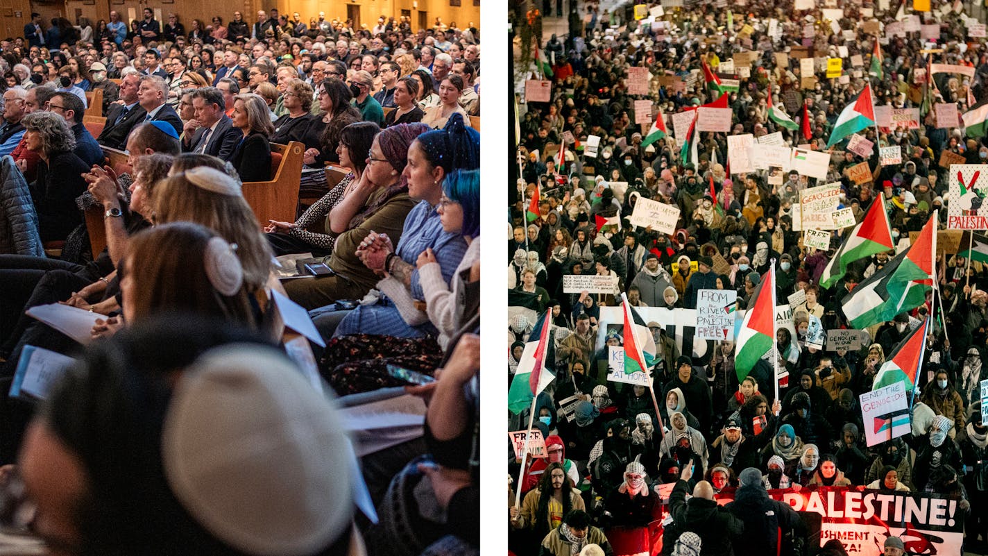 Jewish community members, left, gathered in solidarity in light of the attacks in Israel at Beth El Synagogue in St. Louis Park on Oct. 10. Thousands of people, right, demonstrated support for Palestinians in Gaza on the day of a visit to Minnesota by President Joe Biden with a rally outside the Federal Building followed by a march through downtown Minneapolis on Nov. 1.