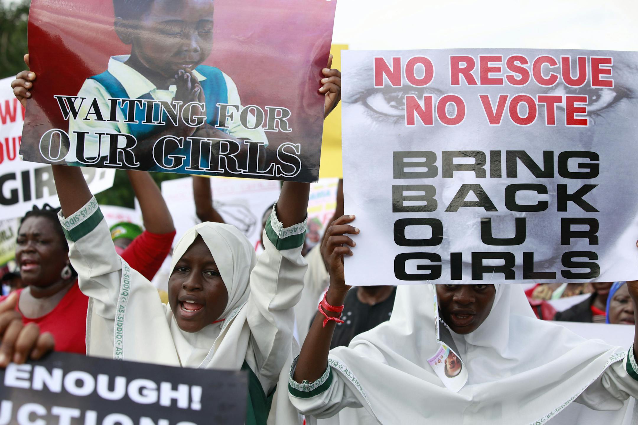 Women attend a demonstration calling on government to rescue kidnapped school girls of a government secondary school Chibok, in Lagos, Nigeria, Monday, May. 5, 2014, A leader of a protest march for 276 missing schoolgirls said that Nigeria's First Lady ordered her and another protest leader arrested Monday, expressed doubts there was any kidnapping and accused them of belonging to the Islamic insurgent group blamed for the abductions. Saratu Angus Ndirpaya of Chibok town said State Security Serv