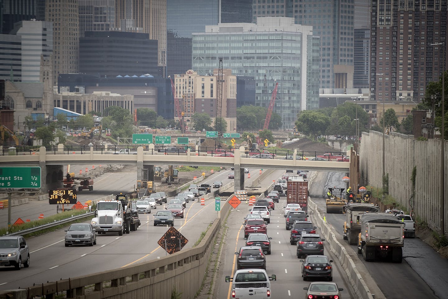 Lane closures and downtown exits slowed down the early morning commute into downtown from the 27th street bridge, Monday, June 11, 2018 in Minneapolis, MN.