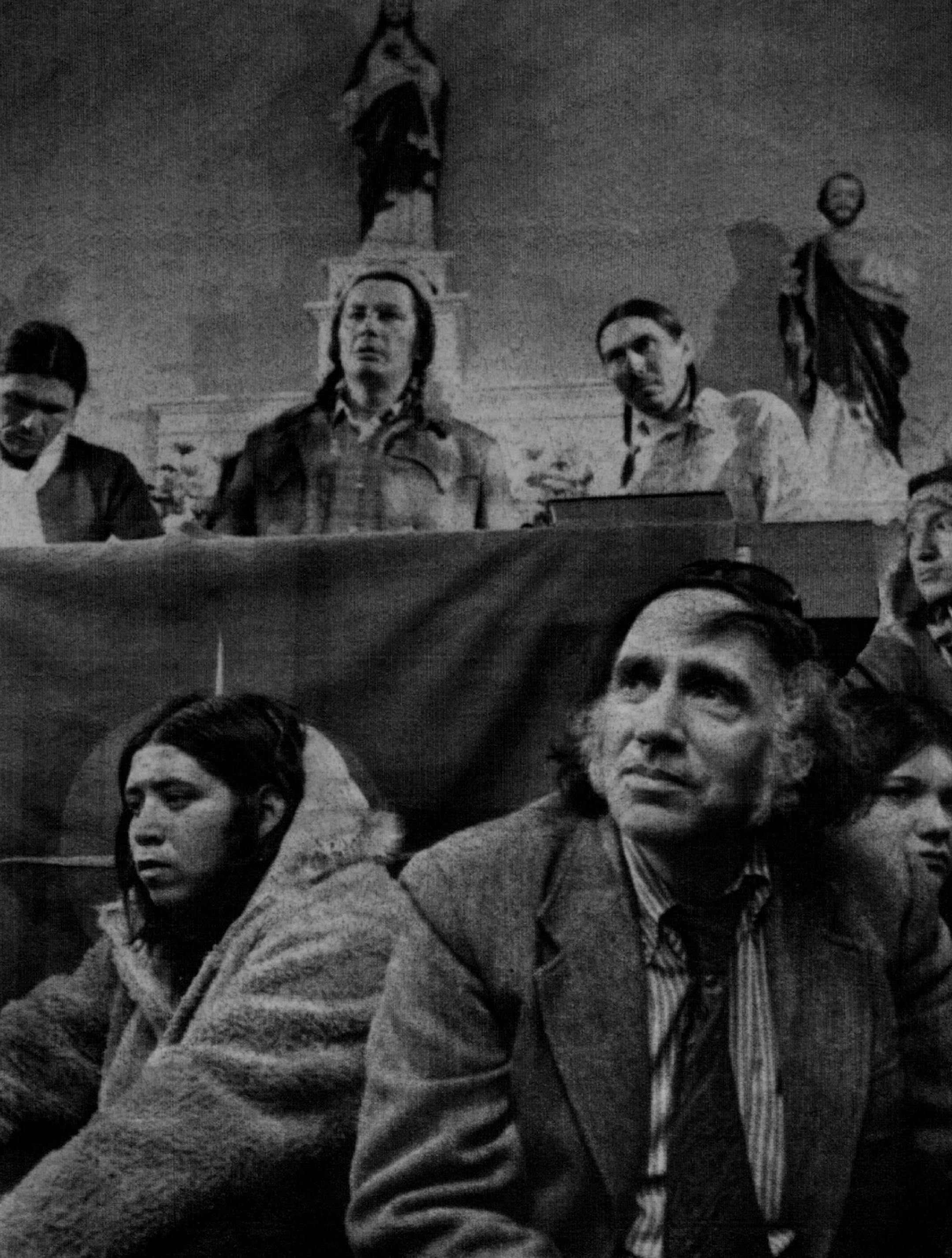 March 05, 1973: Attorney William Kunstler (right) attends a meeting where American Indian Movement (AIM) Leaders (left to right) Dennis Banks, Russell means and Carter Camp discuss the proposals that the Government has submitted.
