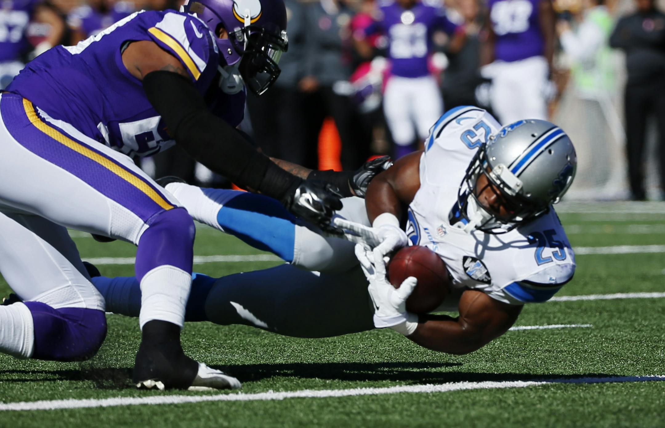Detroit running back Theo Riddick runs into the end zone for a Lions touchdown during the first quarter. ] Mark Vancleave – mark.vancleave@startribune.com * The Detroit Lions play the Minnesota Vikings on Sunday, Oct 12, 2014 at TCF Bank Stadium in Minneapolis, Minnesota.