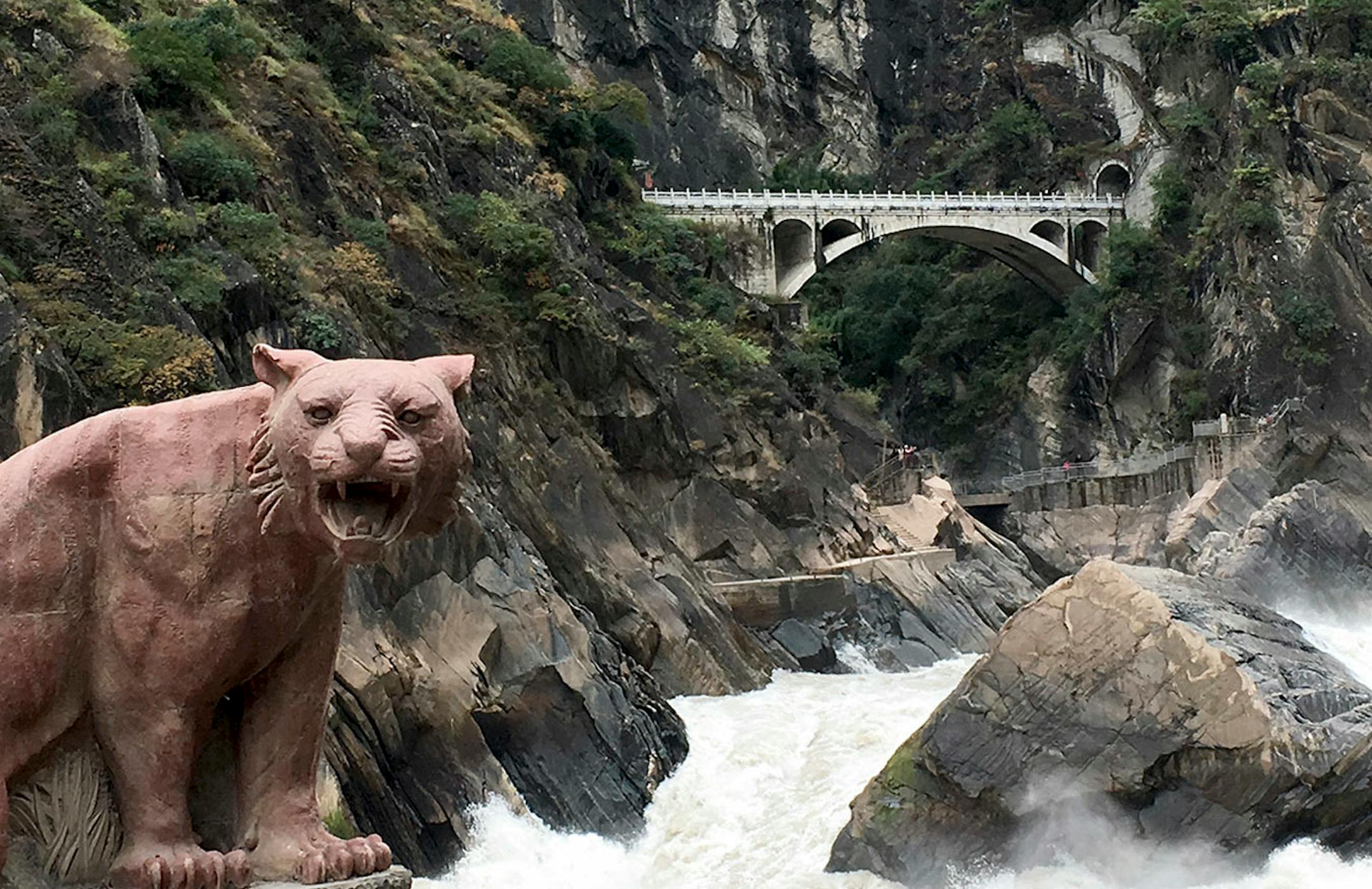 At the visitor service center, tourists like to have their photo taken by this snarling stone tiger with the famous �tiger leaping rock� in the background.