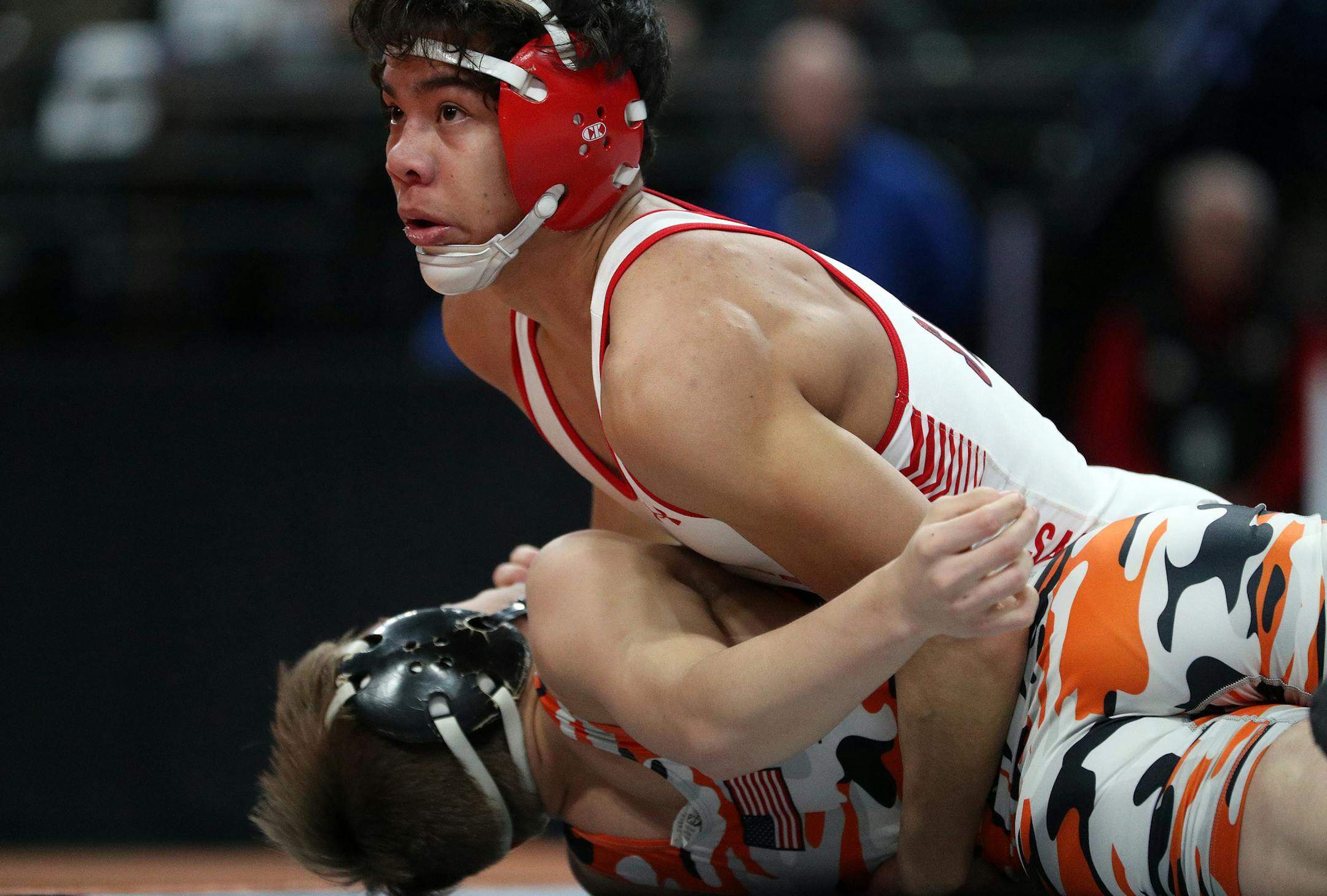 Shakopee's Aaron Cashman, top, wrestled Mounds View's Mitch Engebretson in the Class 3A 113 match Saturday. ] ANTHONY SOUFFLE ï anthony.souffle@startribune.com Wrestlers competed during the the class 1A, 2A, and 3A individual championships Saturday, March 4, 2017 at the Xcel Energy Center in St. Paul, Minn.