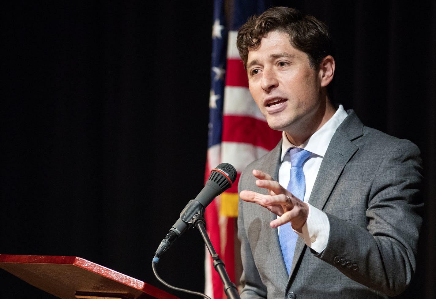 Minneapolis Mayor Jacob Frey delivered his first state of the city address at the Lundstrum Performing Arts Center. ] CARLOS GONZALEZ &#xef; cgonzalez@startribune.com &#xf1; May 24, 2018, Minneapolis, MN, Minneapolis Mayor Jacob Frey will deliver his first state of the city address at the Lundstrum Performing Arts Center.