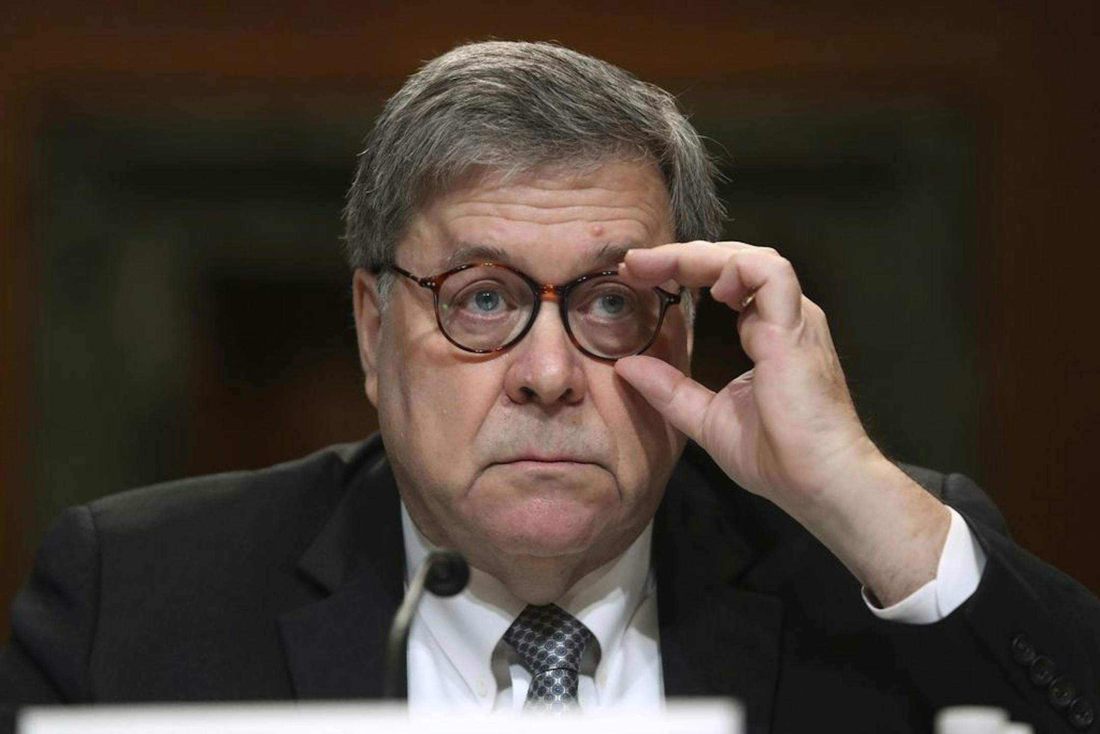 Attorney General William Barr appears before a Senate Appropriations subcommittee to make his Justice Department budget request, Wednesday, April 10, 2019, in Washington.