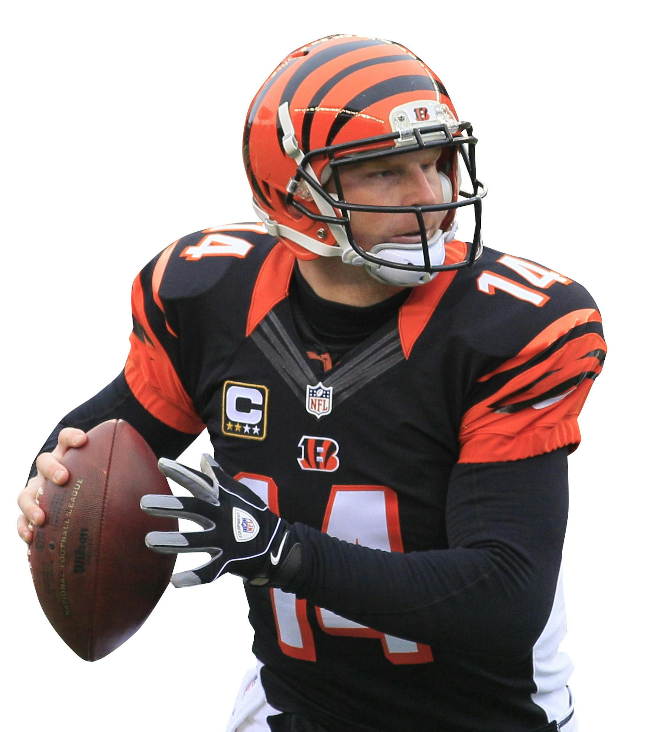 Cincinnati Bengals quarterback Andy Dalton (14) looks to pass against the Indianapolis Colts in an NFL football game, Sunday, Dec. 8, 2013, in Cincinnati. (AP Photo/Tom Uhlman) ORG XMIT: PBS101