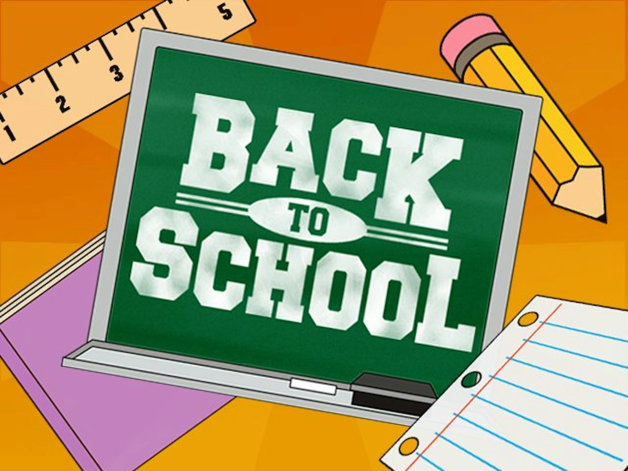 Graphic shows back to school logo over a chalkboard and brick wall