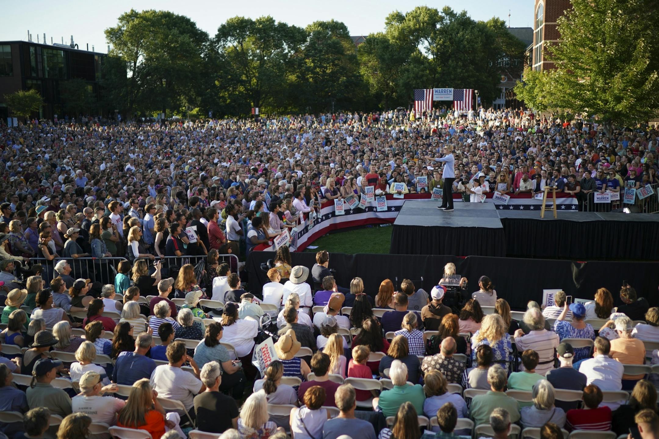 Sen. Elizabeth Warren during her her Town Hall on Shaw Field at Macalester College Monday evening.