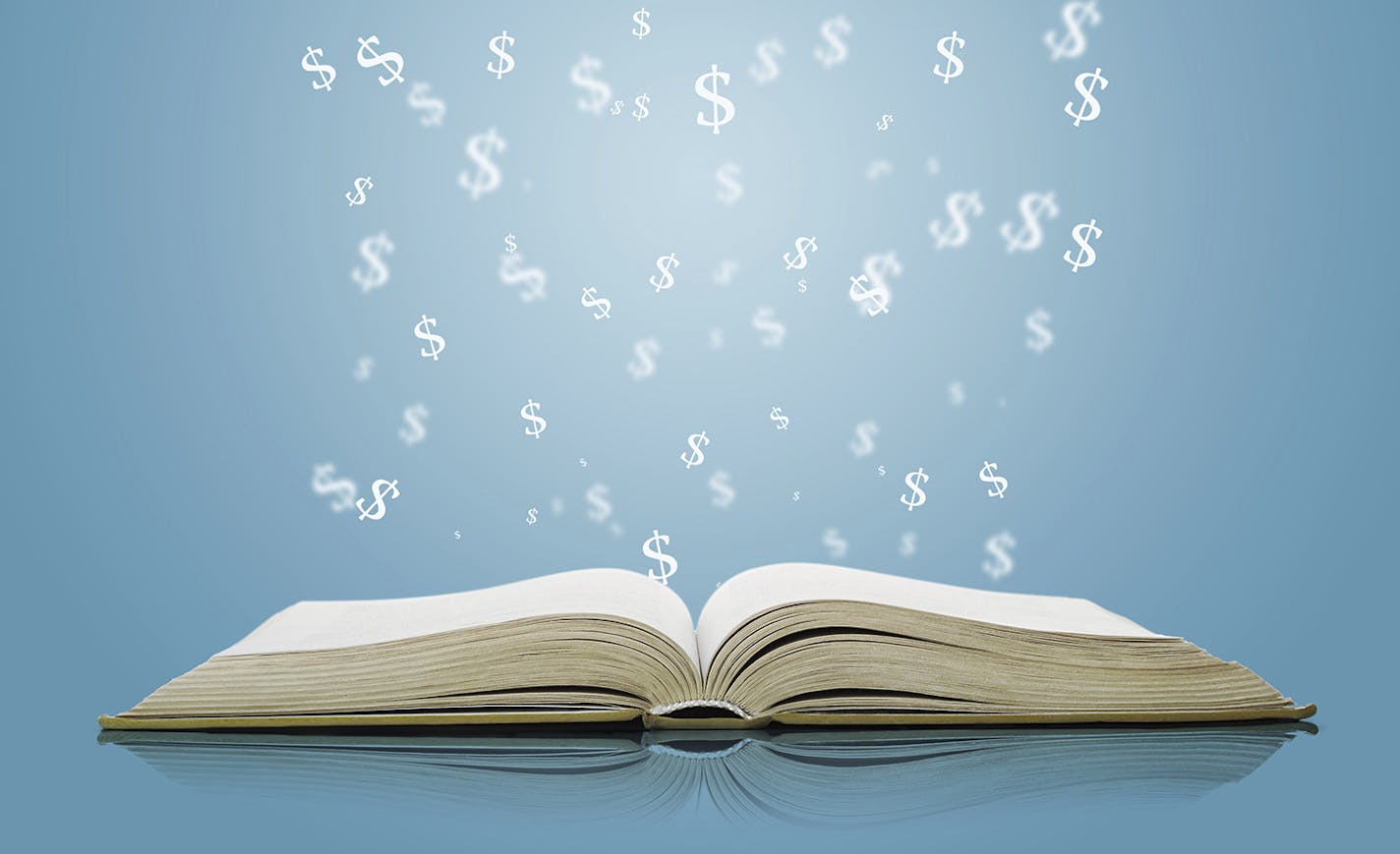 Open book with cloud and falling dollar sign over blue background