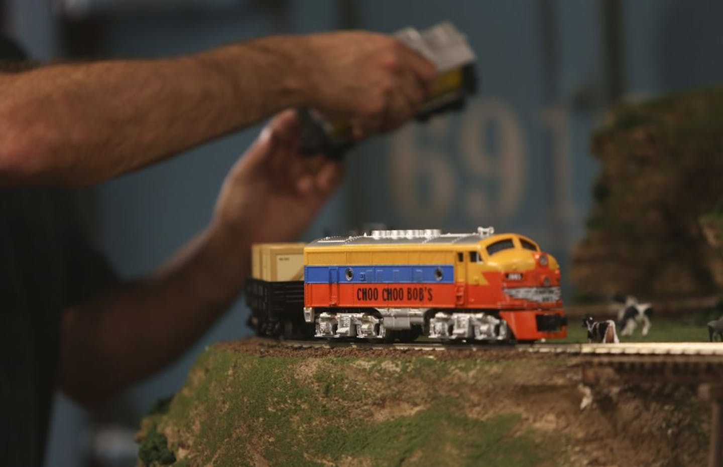 Bob Medcraft, the real Choo Choo Bob, prepared the trains for the track during the filming of an episode of The Choo Choo Bob Show in St Paul Min., We