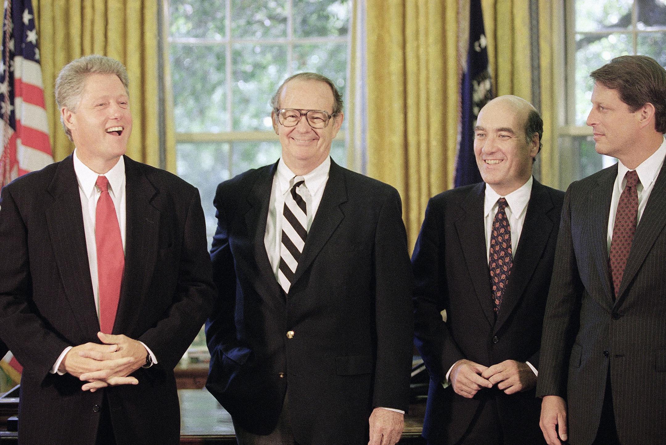 Then-President Bill Clinton poses with Bill Frenzel and William Daley, chairman, North American Free Trade Agreement Task Force in the Oval Office on Friday, Sept. 3, 1993. Then-Vice President Al Gore is on the right.
