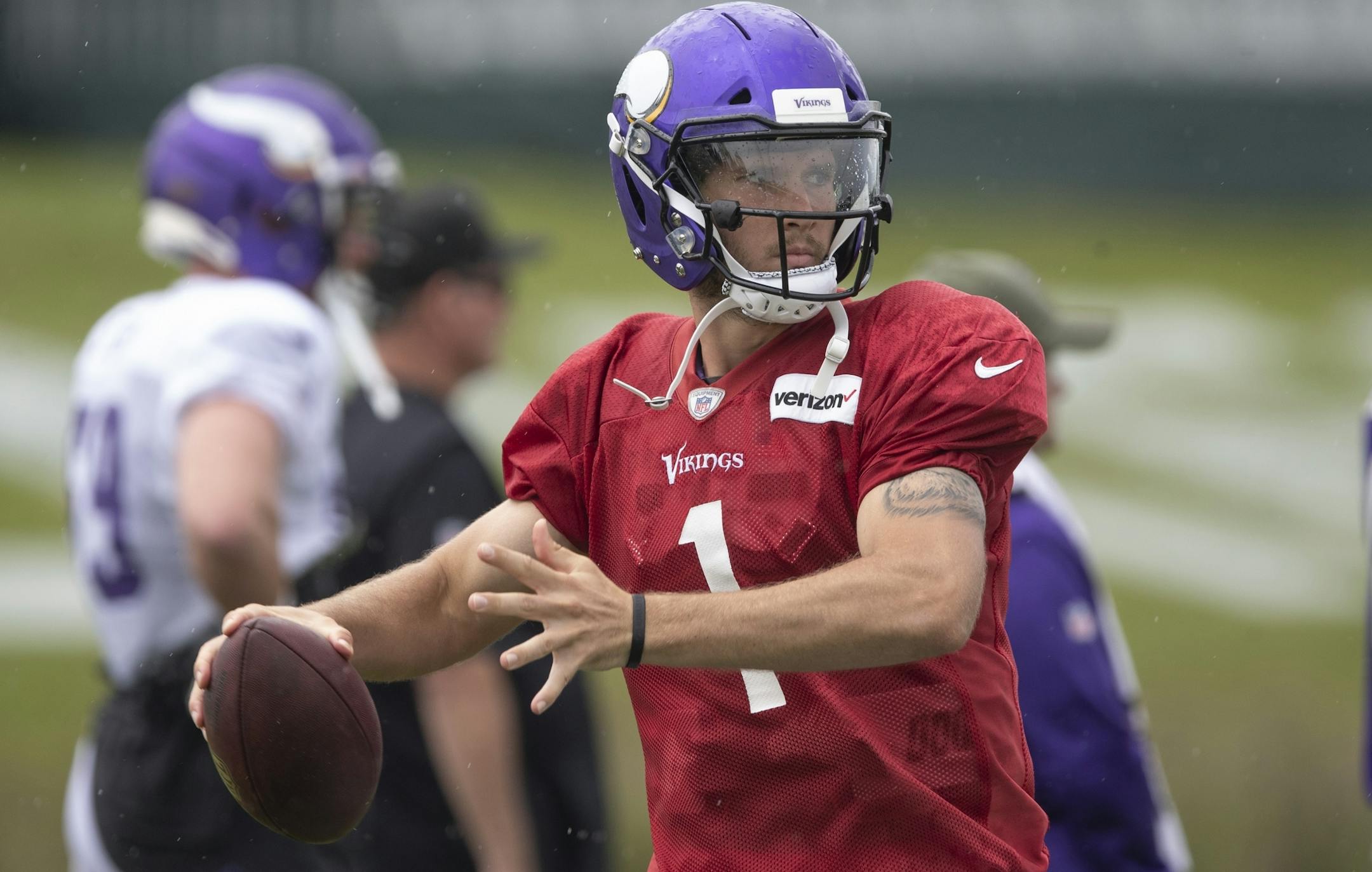 Minnesota Vikings quarterback Kyle Sloter (1) threw a pass at TCO Performance Center on Sunday July, 28 2019 in Eagan, MN.