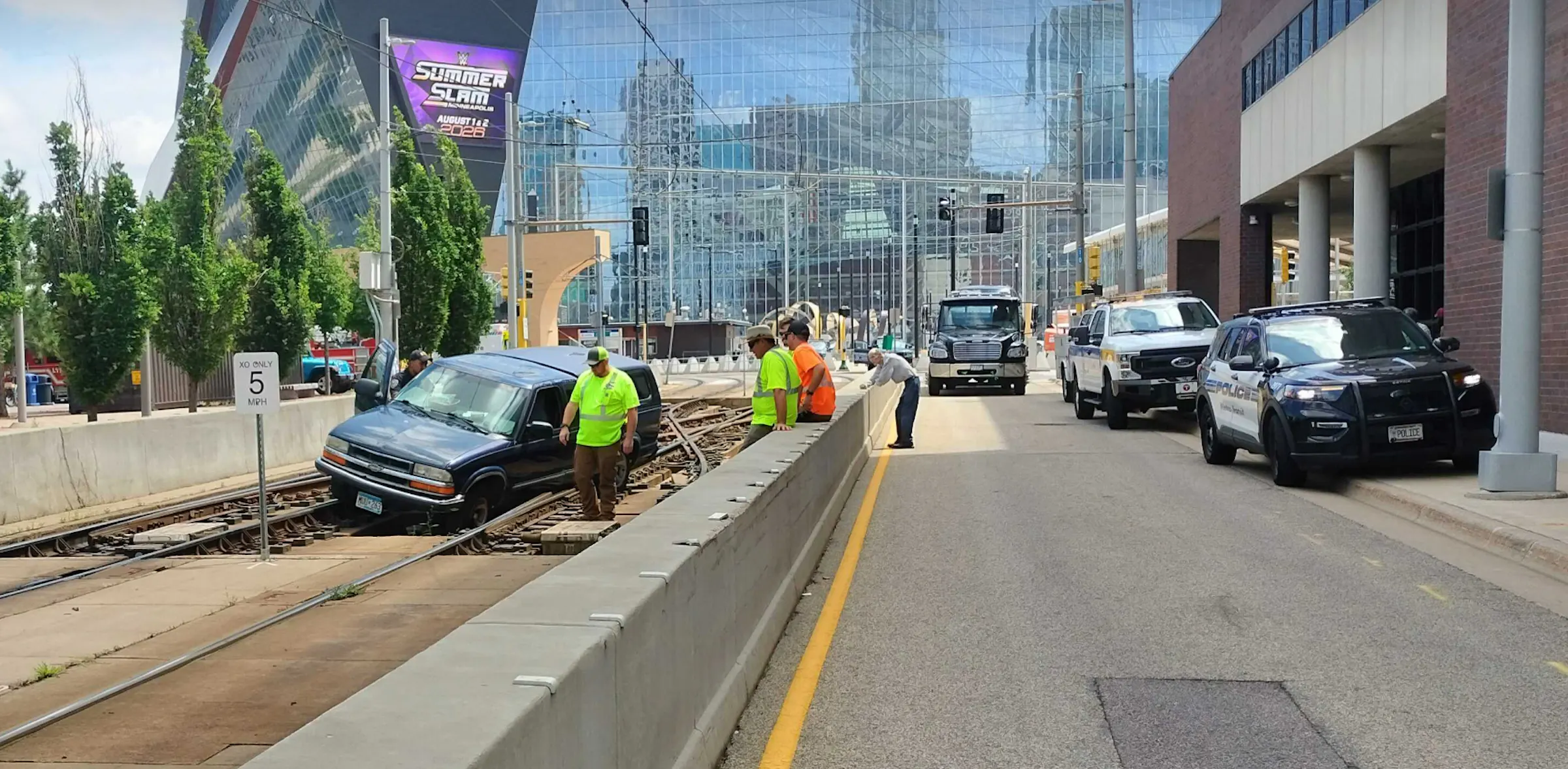 Vehicle gets stuck on light-rail tracks in downtown Minneapolis