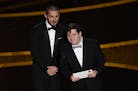 Actors Shia LaBeouf and Zack Gottsagen presented the award for best live action short film at the Oscars on Sunday, Feb. 9, 2020, at the Dolby Theatre