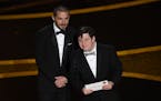 Actors Shia LaBeouf and Zack Gottsagen presented the award for best live action short film at the Oscars on Sunday, Feb. 9, 2020, at the Dolby Theatre